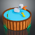 Charming Wooden Pond With Blue Water Large White Duck Small Yellow Duck Reeds And Grass