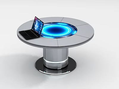 Modern Round Conference Table With Blue Glowing Ring and Laptop on Top Tech Inspired Design 3d model