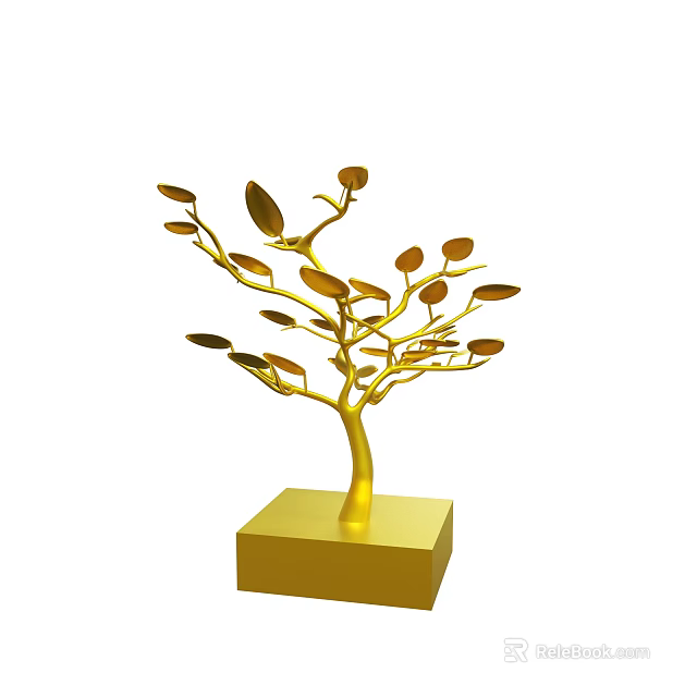 Golden Tree Shaped Decorative Sculpture With Square Base And Leaves 3d model