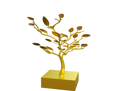 Golden Tree Shaped Decorative Sculpture With Square Base And Leaves 3d model
