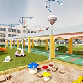 School Building Exterior With Arch Gate Yellow School Buses And Green Playground