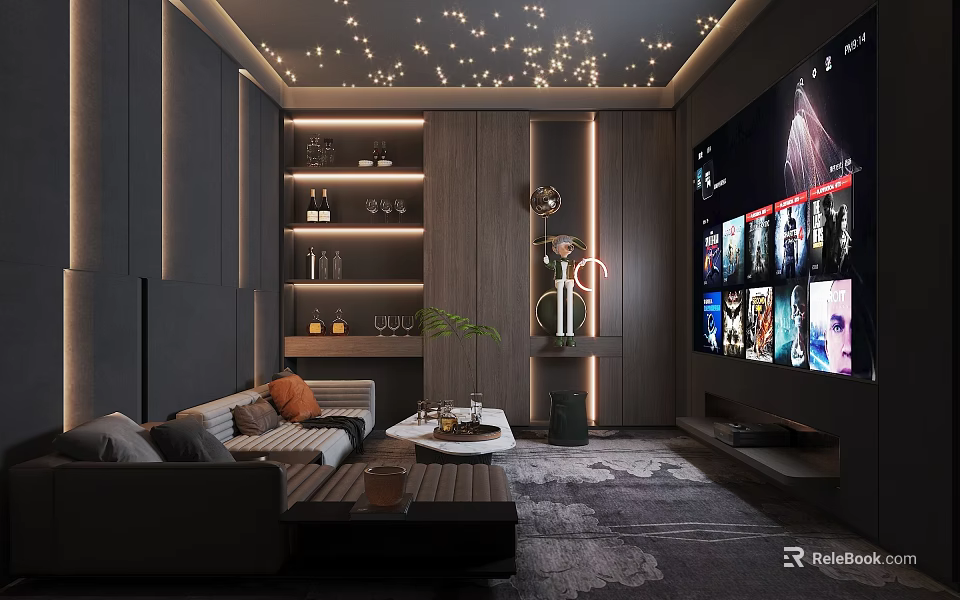 Elegant Home Theater Interior With Large Screen TV Comfortable Sofa And Starry Ceiling Lights 3d model 