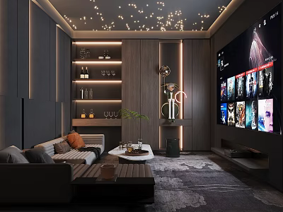 Elegant Home Theater Interior With Large Screen TV Comfortable Sofa And Starry Ceiling Lights 3d model