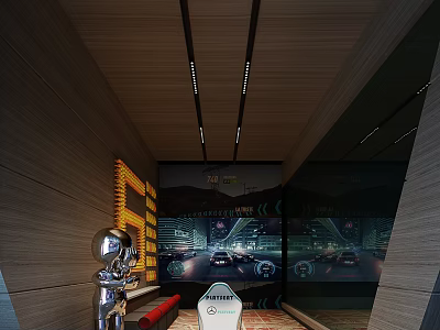 Hi Tech Exhibition Space With Racing Screen Robot Model And Wooden Wall Lighting 3d model