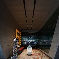 Hi Tech Exhibition Space With Racing Screen Robot Model And Wooden Wall Lighting
