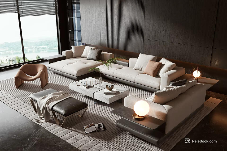 Modern Living Room Sofa and Coffee Table Set with Pillows Decor Items and Lighting 3d model 