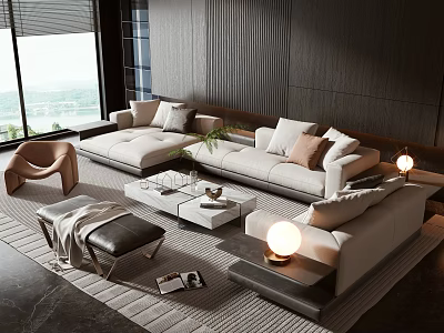 Modern Living Room Sofa and Coffee Table Set with Pillows Decor Items and Lighting 3d model