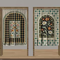 Decorative Kitchen Curtain with Floral Pattern and Geometric Background in Doorway Frame