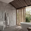 Natural Hotel Bathroom Interior With Stone Wall Round Mirror Freestanding Bathtub And Scenic View