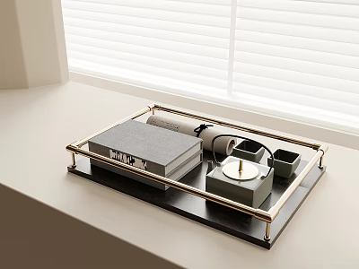 Stylish Decorative Tray With Books Small Boxes Metal Frame By Window Blinds 3d model