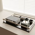 Stylish Decorative Tray With Books Small Boxes Metal Frame By Window Blinds 3d model