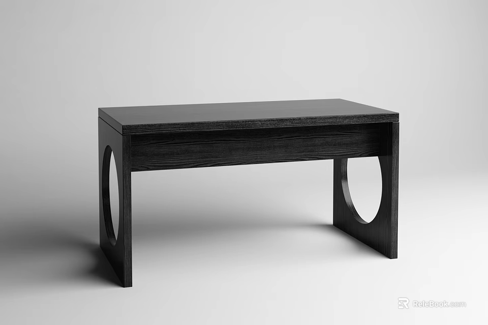 Modern Black Wooden Desk With Circular Legs And Minimalist Design 3d model 