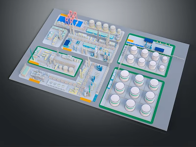 Cartoon Scenario Industrial Facility Layout With Cylindrical Tanks Pipes And Blue Green Elements 3d model