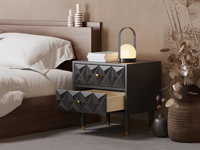 Modern Black Nightstand With Diamond Shaped Drawers Lamp And Stack Of Books 3d model