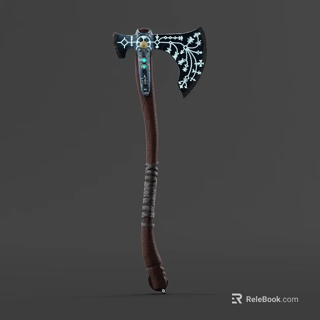 Decorative Fantasy Axe Featuring Wooden Handle Leather Wrapped Blue Accents And Floral Patterns 3d model 