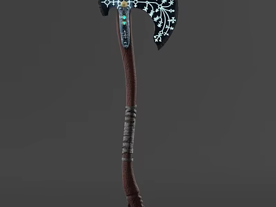 Decorative Fantasy Axe Featuring Wooden Handle Leather Wrapped Blue Accents And Floral Patterns 3d model