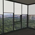Modern Interior Space With Floor To Ceiling Glass Windows Showcasing Urban Skyline And Greenery