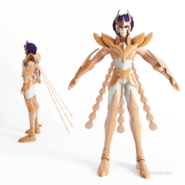 Game Movie Character in Golden Armor White Outfit Purple Hair and Feather Decorations 3d model 