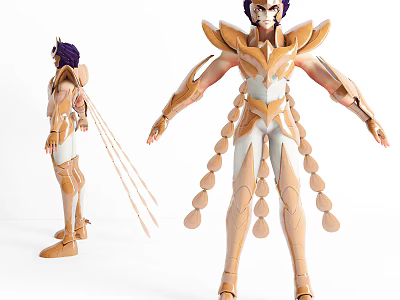 Game Movie Character in Golden Armor White Outfit Purple Hair and Feather Decorations 3d model