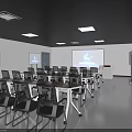 Modern Meeting Room Interior With Large Display Screens Tables Chairs And Ceiling Lights