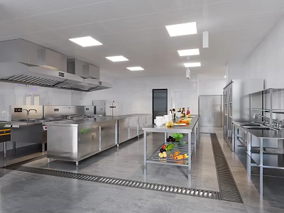 Commercial Kitchen With Stainless Steel Equipment Long Worktables Fruit Vegetables On Shelves And Bright Lighting 3d model