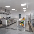 Commercial Kitchen With Stainless Steel Equipment Long Worktables Fruit Vegetables On Shelves And Bright Lighting
