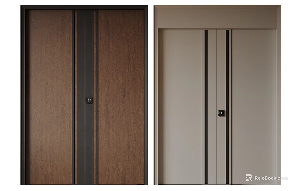 Modern Double Doors With Wood Grain And Light Beige Finish Black Lines Design 3d model 