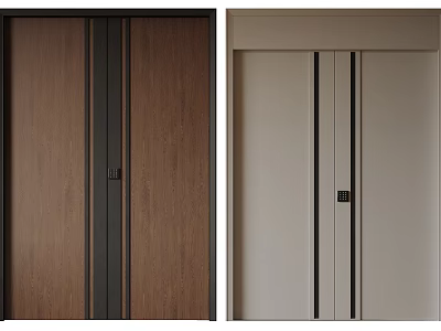 Modern Double Doors With Wood Grain And Light Beige Finish Black Lines Design 3d model