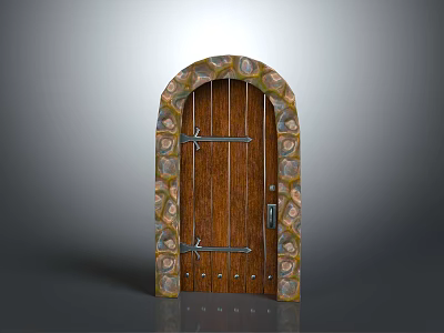 Classic Wooden Door Featuring Arched Stone Frame Colorful Stones And Metal Hinges 3d model