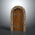 Classic Wooden Door Featuring Arched Stone Frame Colorful Stones And Metal Hinges
