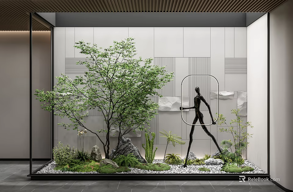 Modern Scenic Feature Wall Design With Green Plants Black Sculpture And Pebble Ground 3d model 