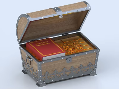 Open Wooden Chest With Metal Decorations Red Covered Book And Gold Coins 3d model