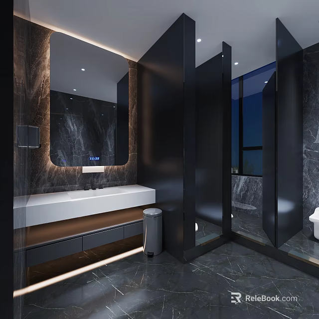 Modern Public Toilet Design With Marble Walls Large Mirror Sink And Ambient Lighting 3d model 
