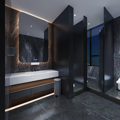 Modern Public Toilet Design With Marble Walls Large Mirror Sink And Ambient Lighting 3d model