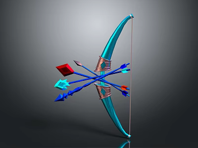 Blue Bow With Crossed Arrows And Colorful Arrowheads On Dark Background 3d model