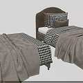 Modern Single Bed Interior With Brown Headboard Checkered Bedding And Gray Blanket 3d model