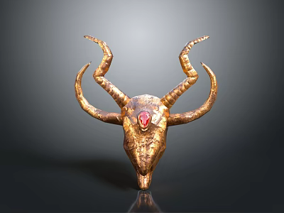 Golden Decorative Animal Skull with Curved Horns and Red Gemstone on Forehead 3d model