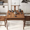 Solid Wood Tea Table And Chairs With Chinese Style Interior And Tea Set On Tabletop 3d model