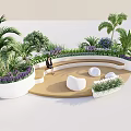 Modern Landscape Seating In Garden With Palm Trees Purple Flowers And White Planters