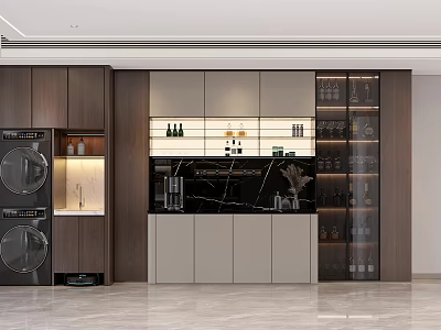 Modern Wine Cabinet Design In Open Kitchen Interior With Glass Shelves And Wooden Frames 3d model