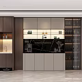 Modern Wine Cabinet Design In Open Kitchen Interior With Glass Shelves And Wooden Frames