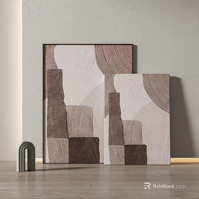 Abstract Painting With Modern Geometric Design Warm Brown Beige Tones Displayed On Wall 3d model 
