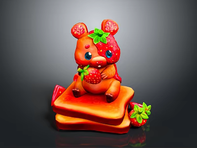 Cute Cartoon Bear With Strawberry Decorations Sitting On Stacked Toast Slices On Black Background 3d model