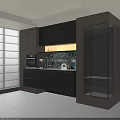 Modern Minimalist Kitchen Sideboard With Dark Wood Cabinets Lighting And Appliances On Countertop