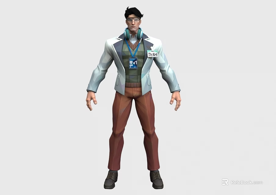 Man Wearing White Lab Coat With ID Badge Blue Sweater Brown Pants And Black Shoes 3d model 