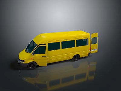 Yellow Van with Open Side Door Black Windows Gray Background and Reflection on Ground 3d model