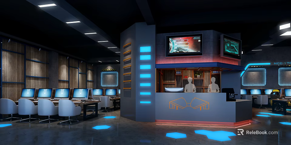 Modern Gaming Internet Cafe Interior With Multiple Computers Comfortable Seats And LED Lights 3d model 