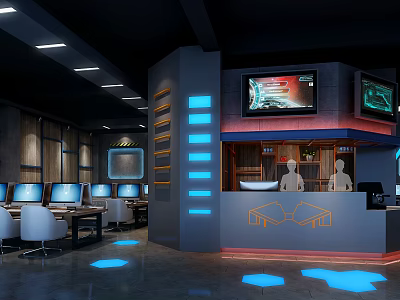 Modern Gaming Internet Cafe Interior With Multiple Computers Comfortable Seats And LED Lights 3d model
