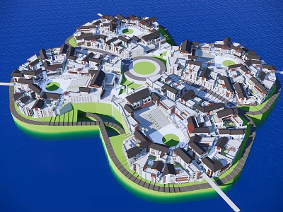 Island Shaped Commercial Street Surrounded by Water With Circular Plazas And Green Edges 3d model