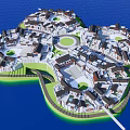 Island Shaped Commercial Street Surrounded by Water With Circular Plazas And Green Edges